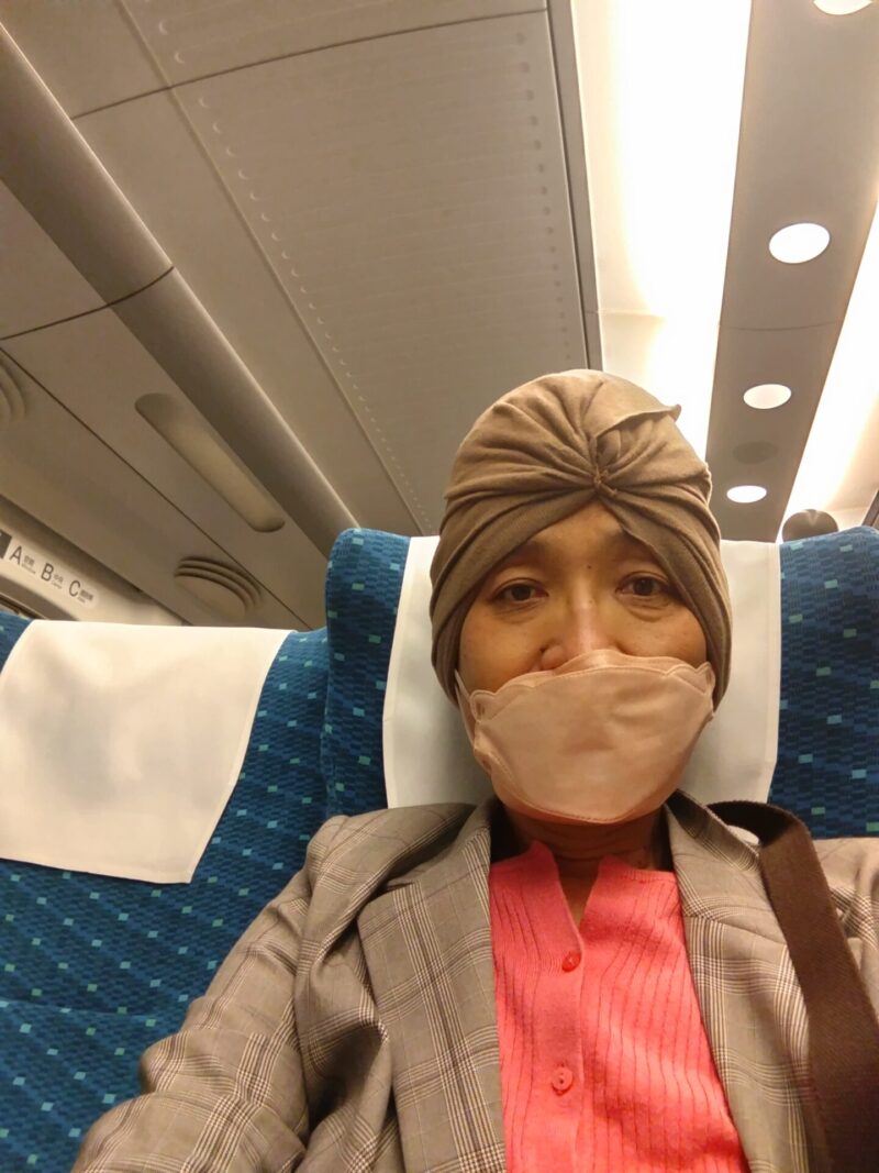 ヘナ染めしたまま乗った新幹線車内にて。